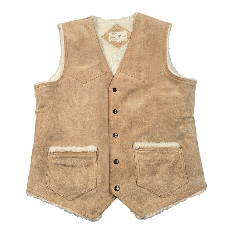 Vintage David Michael Vest Mens Medium Beige Suede Sherpa Lined Snap Button